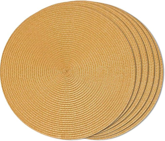 FunWheat Round Braided Placemats Set of 6 Table Mats for Dining Tables Woven Washable Non-Slip Place mats 15 Inch(Pumpkin Yellow, 6pcs