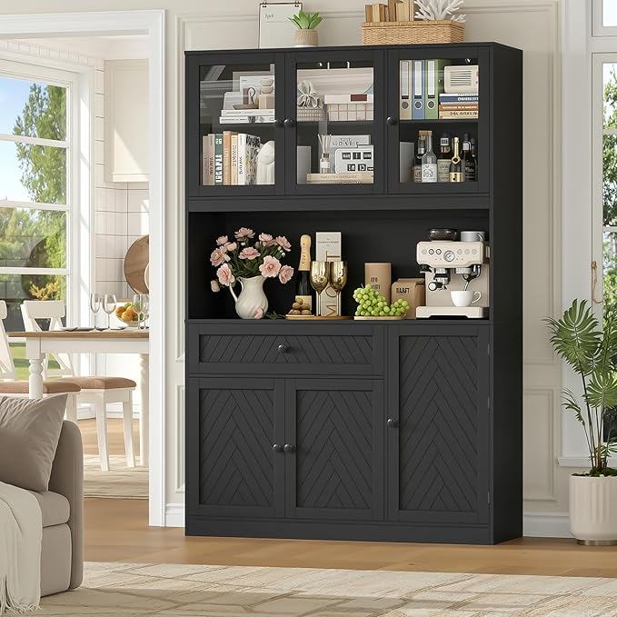 72??Tall Kitchen Pantry Storage Cabinet, Modern White Kitchen Hutch with Large Storage Drawer, Countertop, Adjustable Shelves, Food Pantry Cabinets for Dining Room, Living Room (Black)
