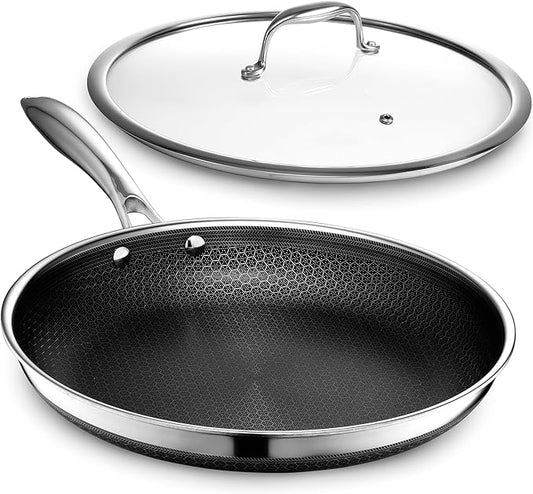 HexClad Hybrid Nonstick 12-Inch Frying Pan with Tempered Glass Lid, Stay-Cool Handle, Dishwasher-Friendly, Oven-Safe Up to 900째F, Induction Ready, Compatible with All Cooktops