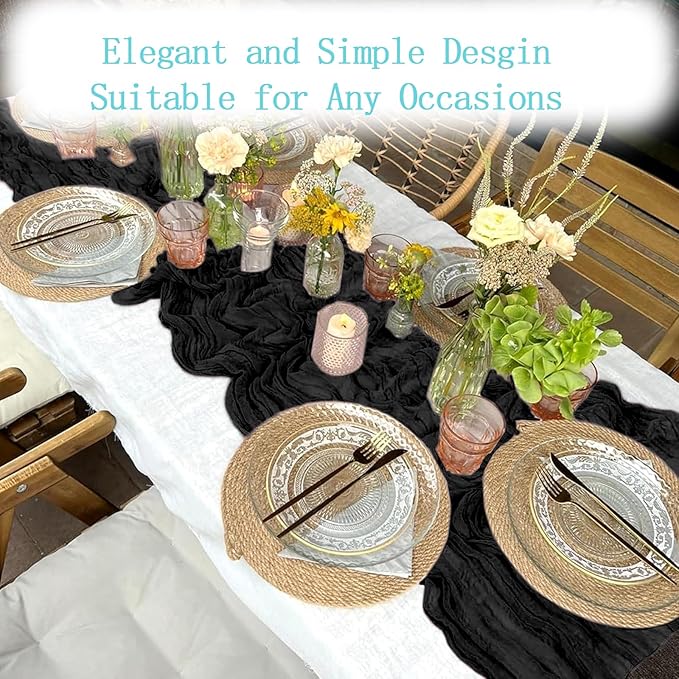 4 Pack Black Cheesecloth Table Runner 20 x 120 inch Gauze Table Runners 10 FT Long,Semi Sheer Boho Cheese Cloth Fabric Table Runner Bulk for Wedding,Party,Baby Shower,Bridal Shower Decoration