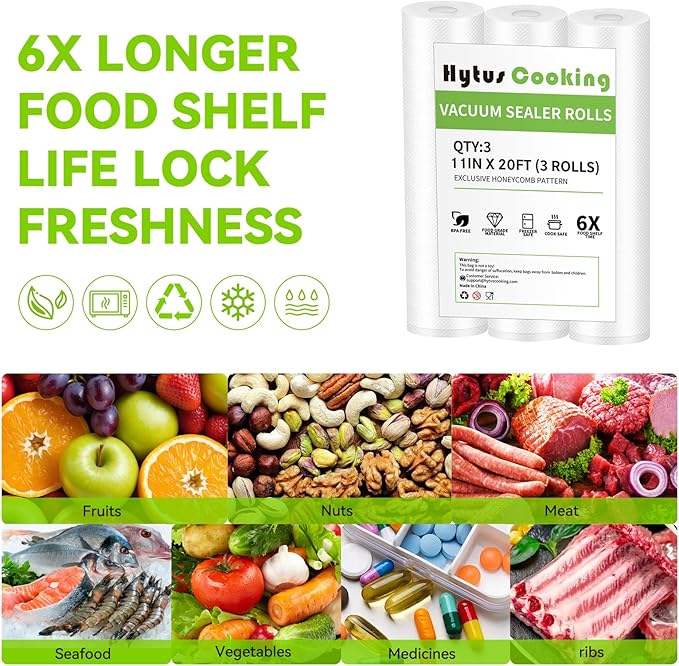 Vacuum Sealer Bags Rolls for Food, 3 Rolls 11" x 20' Food Vacuum Saver Bags, Commercial Grade Vacuum Storage Bags Rolls for Sous Vide, Meal Prep, Food Vac Bags for Storage, BPA Free