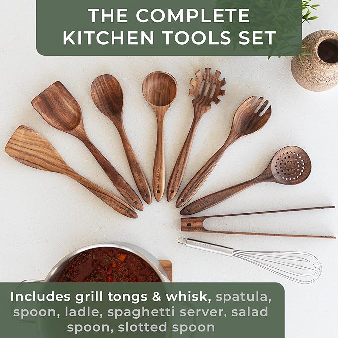 WALDWERK Wooden Spoons for Cooking ??9-Piece Kitchen Utensils Set with Spatula, Tongs, Whisk, Wooden Spoons & Pasta Server ??Wooden Utensil Set ??Utensil Sets - Cooking Utensils - Non Toxic