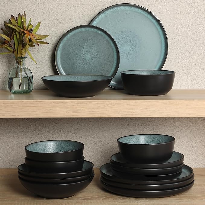 Gibson Elite Tribeca Loft 16-Piece Dinnerware Set ??Matte Black and Green Reactive Glaze Stoneware, Double Bowl Round Plates and Bowls ??Modern Rustic Tableware for 4, Dishwasher & Microwave Safe