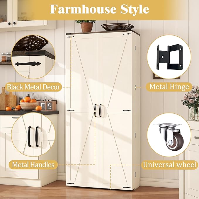 Tall Kitchen Pantry Cabinet: 67" Farmhouse Pantry Cabinet for Kitchen Storage, Off White Cupboard with 2 Barn Doors, Wood Food Storage Cabinets with Shelves (White)