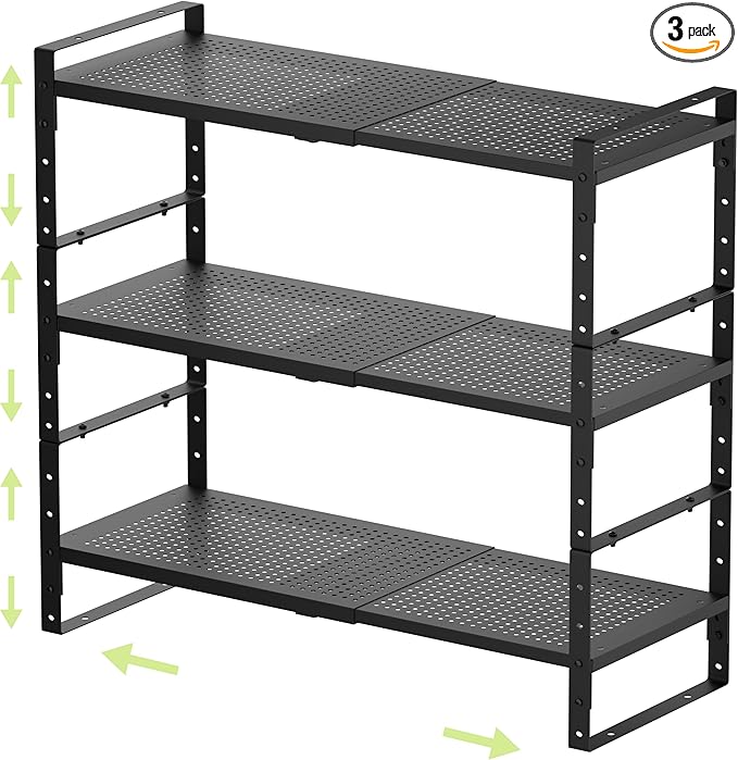 Expandable Shoe Rack Heavy-Duty Closet Organizer Adjustable Shelf Stackable Metal Framework for Entryway, Garage,RV,Pantry,Cabinet(Large,3 Packs/Black)