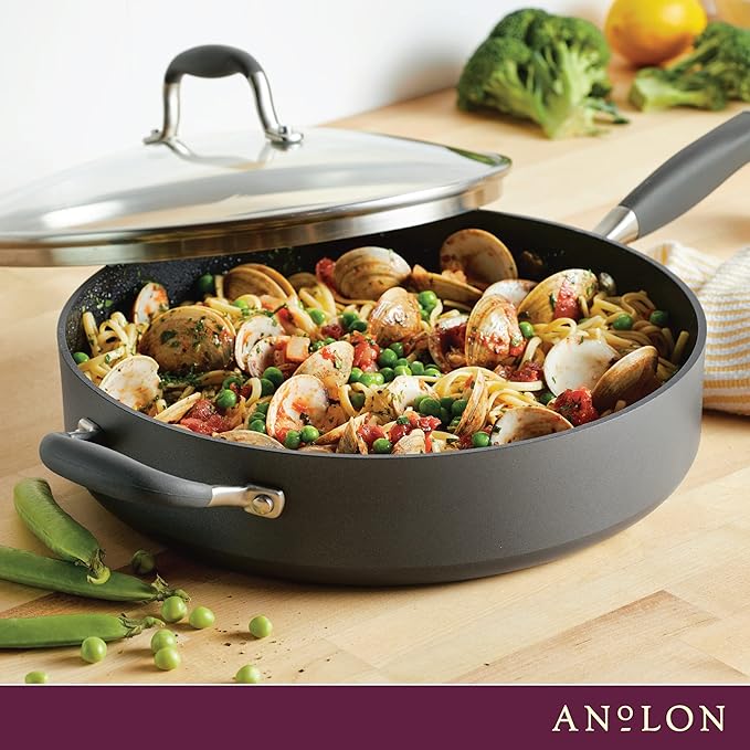 Anolon Advanced Home Hard Anodized Nonstick Saut챕 Pan with Helper Handle and Lid, 5 Quart - Moonstone