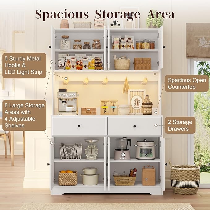 71" Tall Kitchen Pantry Storage Cabinet with Charging Station, 47.2" Wide Kitchen Hutch Cabinet with Large Countertop, Farmhouse Food Pantry with Drawers for Living Room, White