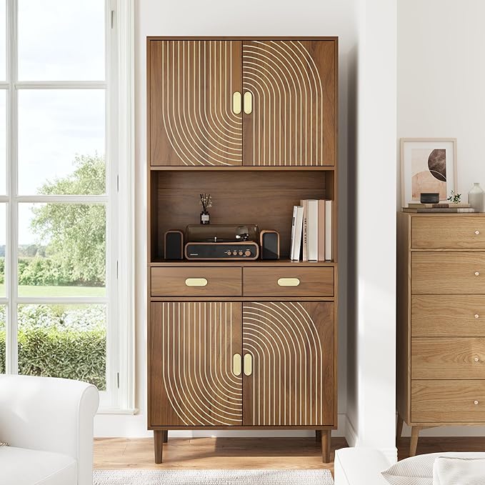 70.87" Tall Kitchen Pantry Cabinet with Line Grooved Doors & 4-Compartment Top, Storage Cupboard with 2 Drawers, Adjustable Shelves & Gold Handles for Dining Room, Bathroom, Walnut