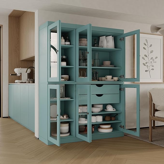 Palace Imports 100% Solid Wood 48.5" Pantry China Cabinet with Clear Glass Doors, 2-Drawers and Adjustable Shelves (Aqua)