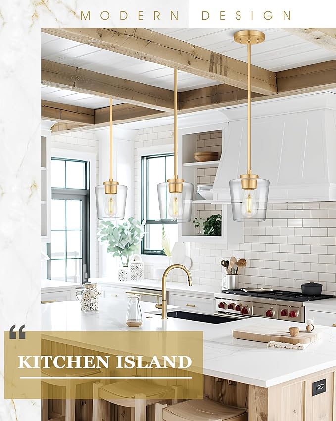 Gold Pendant Lights Kitchen Island, 6" Hanging Lights Fixtures with Clear Glass Shade, Modern Brass Kitchen Pendant Lighting Over Island for Dining Room, AD-22004-1P-GD-C