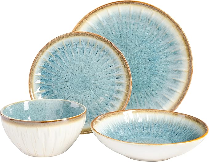 Gibson Elite Mayfair Bay 16-Piece Embossed Double Bowl Dinnerware Set, Service for 4 ??Blue Stoneware Plates and Bowls