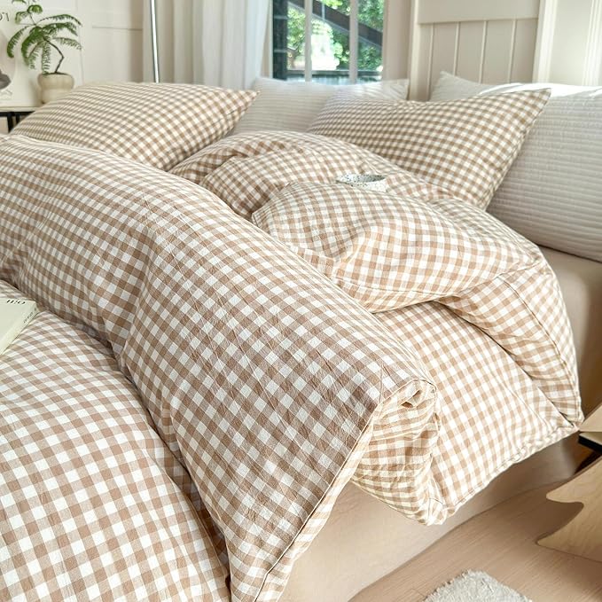 LifeTB Tan Gingham Comforter Set Full Modern Style Beige Plaid Comforter Set 3 Pieces Soft Fluffy Grid Checkered Pattern Comforter with 2 Pillowcases Farmhouse Gingham Bedding Comforter Full