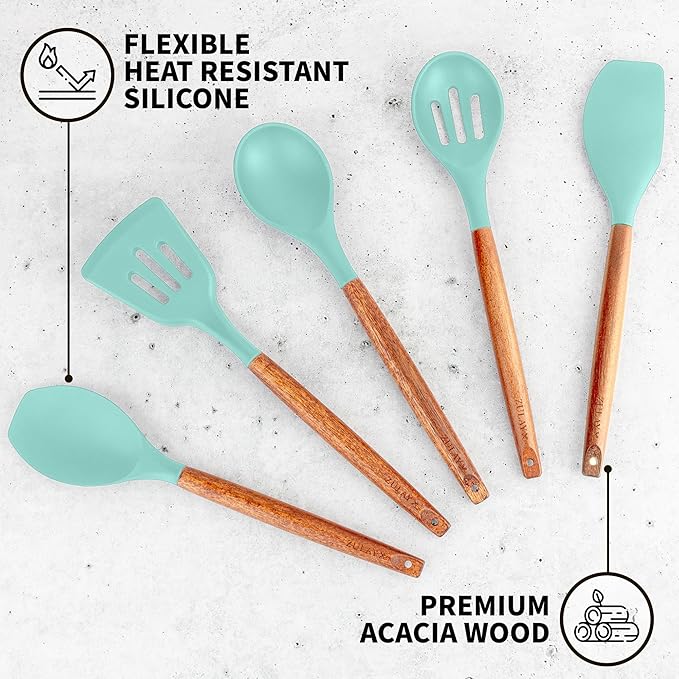 Zulay Kitchen Non-Stick Cooking Utensils Set with Authentic Acacia Wood Handles ??5-Piece Durable & Stylish Silicone Kitchen Utensils Set ??Heat Resistant to 464째F ??Aqua