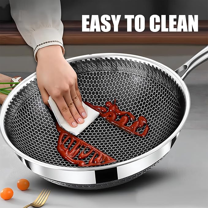 13.4??Stainless Steel Wok Pan with Lid ??Honeycomb Non Stick Stir Fry Pan for Induction, Gas, Electric & Ceramic Cooktops ??Tri-Ply Deep Frying Wok with Stay-Cool Handle, PFOA-Free