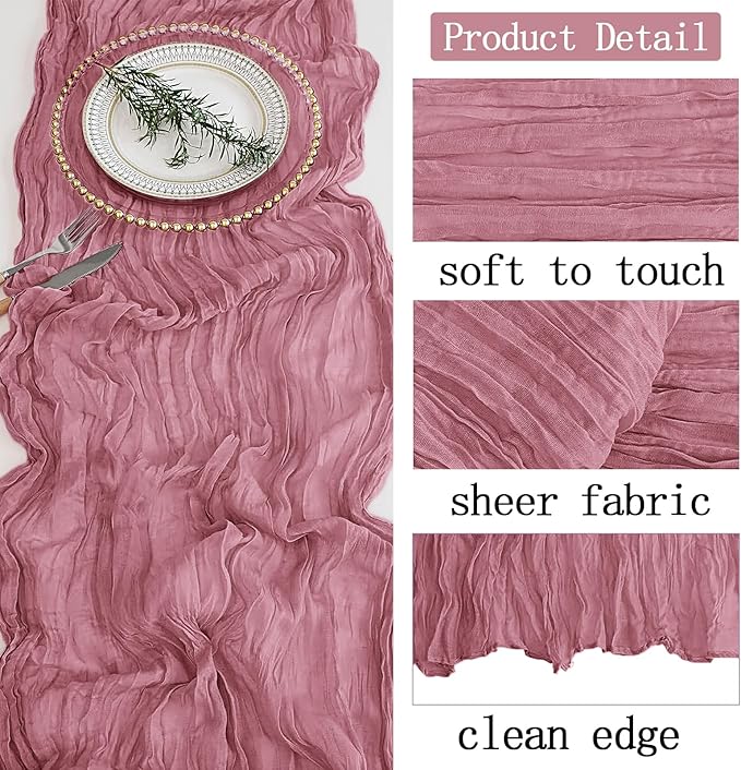 4 Pack Dusty Rose Cheesecloth Table Runner 20 x 120 inch Gauze Table Runners 10 FT Long,Semi Sheer Cheese Cloth Fabric Table Runner Bulk for Wedding,Party,Baby Shower,Bridal Shower Decoration