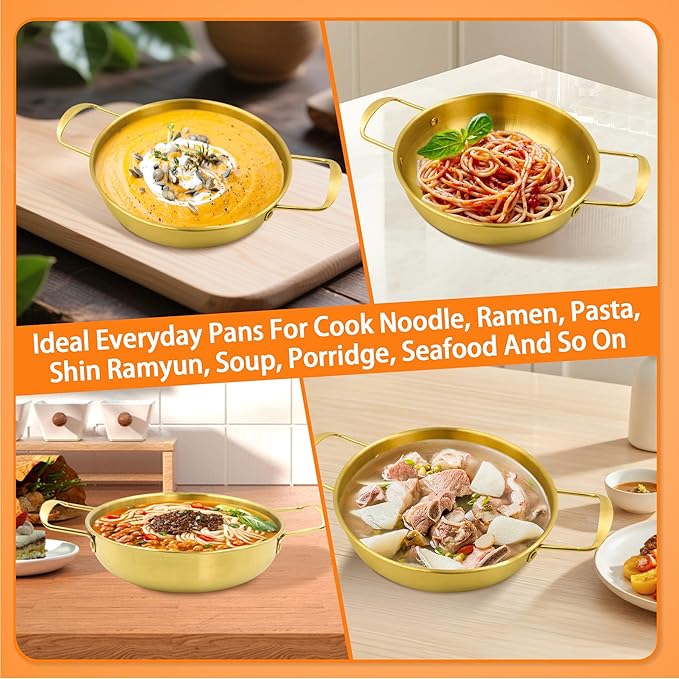 4 Sizes Korean Ramen Pot, ATSKIM Stainless Steel Noodle Cooking Pots for Stove, Golden Ramen Cooker with Handles for Pasta Soup, Fast Heating Everyday Pan for Home Outdoor Use (Gold)