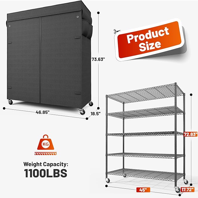 REIBII 45''W Storage Shelves Waterproof Metal Shelving with Cover Dustproof, Wire Shelving Unit Covers & Wheels Garage Storage Rack Wire Shelf for Kitchen Pantry, Storage Room, 45Wx17.72Dx72.83H