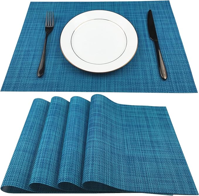 WAZAIGUR Placemats Easy to Clean Crisscross Woven Vinyl Place Mats Durable Non-Slip Heat Resistant Table Mats Placemats for Kitchen Table Set of 4,Blue