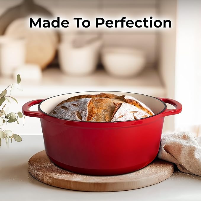 Zulay Kitchen 6 Quart Enameled Cast Iron Dutch Oven Pot with Lid ??Premium Durability & Oven Safe up to 500째F ??Heavy Duty Cookware Perfect for Bread Baking, Stews, Braising & Roasting ??Red