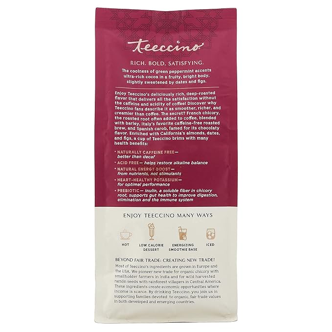 Teeccino Chicory Coffee Alternative ??Chocolate Mint ??Ground Herbal Coffee That?™s Prebiotic, Caffeine Free & Acid Free, Light Roast, 11 Ounce