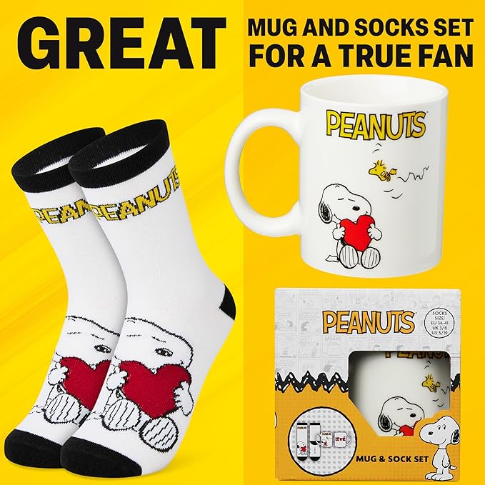 Get Trend Peanuts Snoopy Coffee Mug and Socks Set, 11.5 oz Ceramic Cup with Soft Crew Socks, Woodstock, Christmas, Secret Santa Gifts for Women (Red Snoopy)