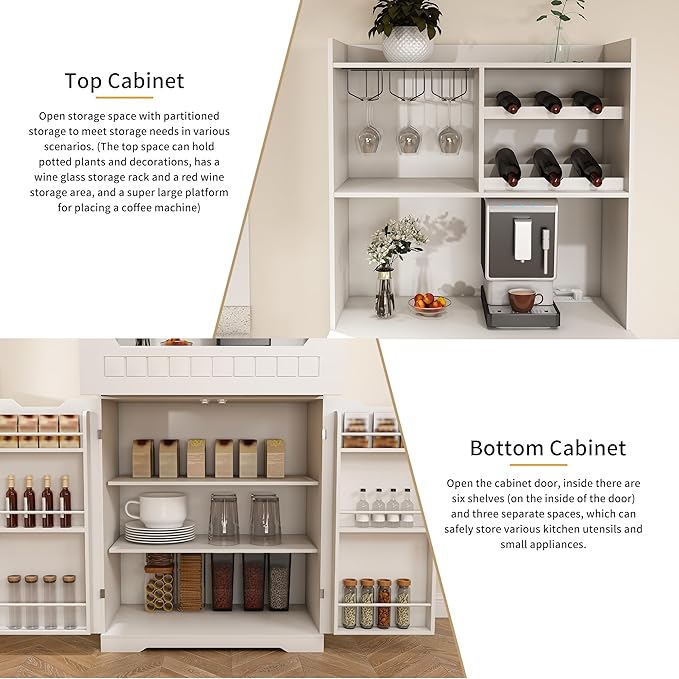 70" Tall Kitchen Pantry Cabinet with Charging Station & Drawer,Farmhouse Modern Wood Small Storage Cabinets w/Wide Tabletop,Wine Rack & 6 Door Shelves,for Small Kitchen,Living & Dining Room,White