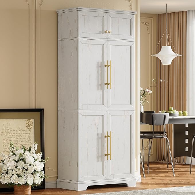 78" Farmhouse Tall Kitchen Pantry Cabinet, Wood Storage Cabinets with Hidden Drawer and 4 Adjustable Shelves, Cupboard with Wine Rack and Door Shelves for Kitchen Dining Room, White