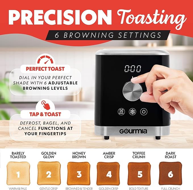 Gourmia 2 Slice Toaster ??6 Browning Levels with Bagel and Defrost Mode, One-Touch Toasting, Removable Crumb Tray, Extra Wide Slots, Compact Design, Black