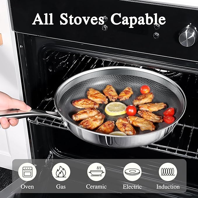 GiPP Tri-Ply Stainless Steel Frying Pan, 10 inch Hybrid Frying Pans Nonstick Skillets, Dishwasher and Oven-Safe, Induction Ready, Compatible with All Cook tops, PFOS/PFOA Free