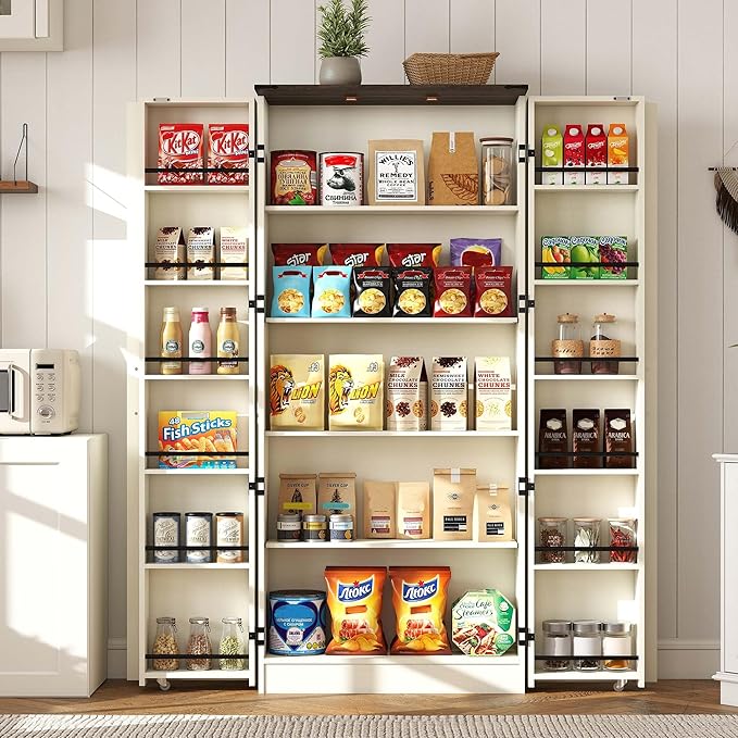 Tall Kitchen Pantry Cabinet: 67" Off White Farmhouse Pantry Cabinet for Kitchen Storage, Large Wood Food Storage Cabinet with Doors, Freestanding Food Cupboard