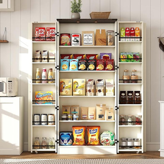 Tall Kitchen Pantry Cabinet: 67" Off White Farmhouse Pantry Cabinet for Kitchen Storage, Large Wood Food Storage Cabinet with Doors, Freestanding Food Cupboard