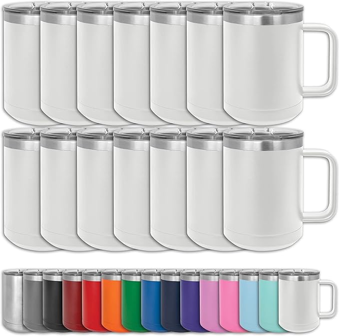 Clear Water Home Goods - (Bulk Pack of 12-15 oz Double Wall Coffee Mug with Lid and Handle, Double Insulated Stainless Steel Travel Tumbler Cup - Powder Coated - White