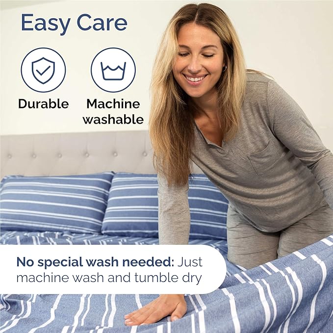 Full 6 Piece Sheet Set - Cooling & Breathable Bed Sheets - Hotel Luxury Bed Sheets for Women, Men, Kids & Teens - Bedding w/Deep Pockets & Easy Fit - Soft & Wrinkle Free - Full Blue Stripes Sheets