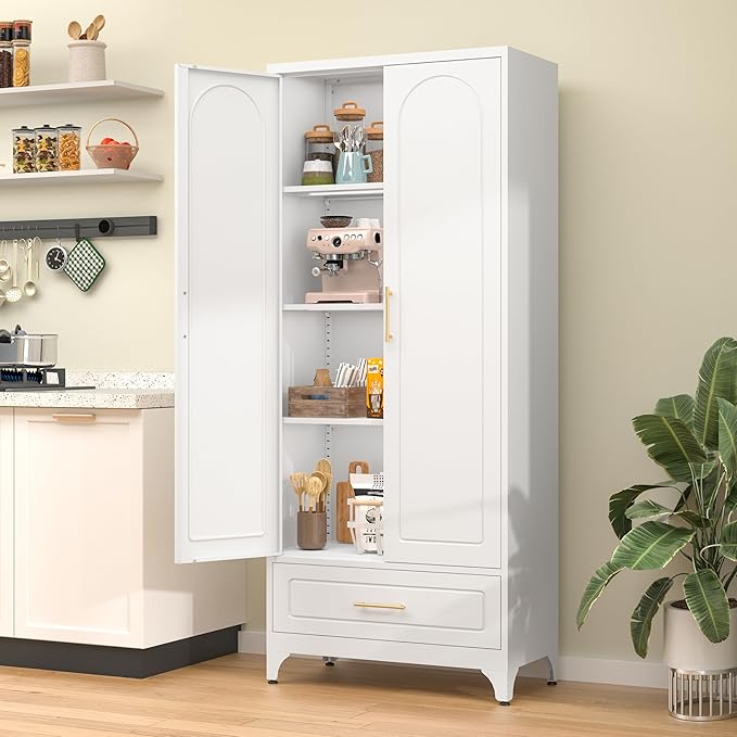 75??Kitchen Pantry Storage Cabinet,Metal Tall Storage Cabinet with Drawers and Adjustable Shelves,Modern Kitchen Hutch Cabinet,Freestanding Cupboard for Dining Room