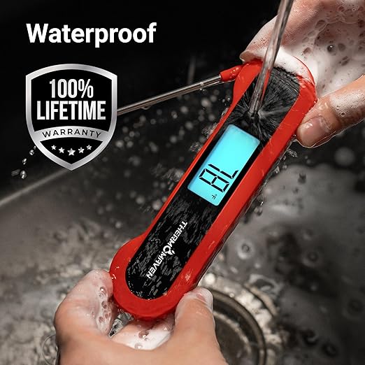 Professional 0.5 Sec Instant Read Meat Thermometer Digital, NIST Certified 짹0.5??Accuracy, Auto Rotate Large LCD Display, Highly Waterproof Cooking Thermometer for Baking Grill BBQ Smoker Oven, Red