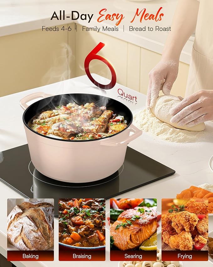 Nuwave 6QT Healthy Enameled Cast Iron Dutch Oven Pot with Lid, Heavy Duty 7-Layer Enamel, Enhanced Rust Protection, Dual Handles, Oven Safe to 500째F for Sourdough Bread Baking, Braise, Stew, Roast