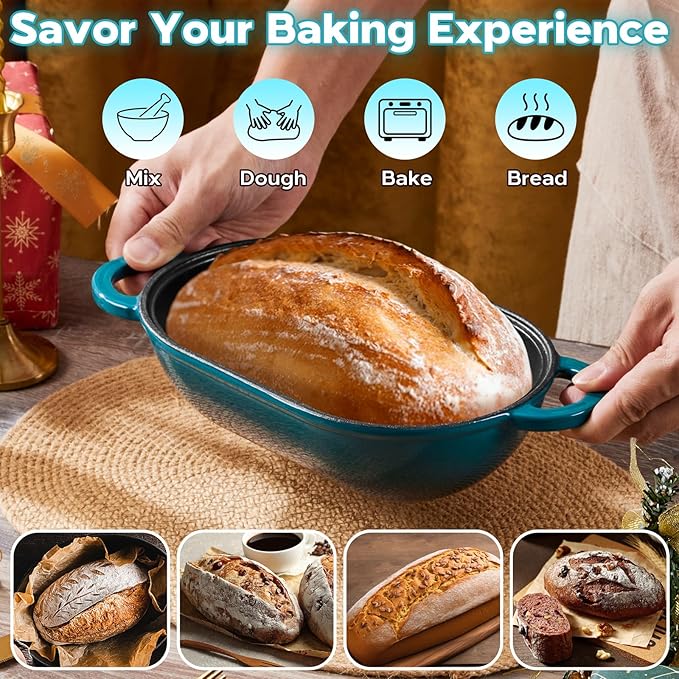 Onader Enameled Cast Iron Dutch Oven, Oval Dutch Oven Pot with Lid for Sourdough Bread Baking, 2.8QT Meatloaf Pan, Heavy Duty - Dark Cyan