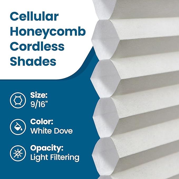 BlindsAvenue Cellular Honeycomb Cordless Shade, 9/16" Single Cell, Light Filtering, White Dove, Size: 64" W x 48" H
