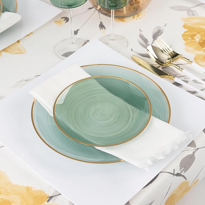 PLASTICPRO 32 Pieces Crystal Design Plastic Plates Combo Pack 7 inch and 10 inch Gold Rim Elegant Disposable Plates, Transparent Green