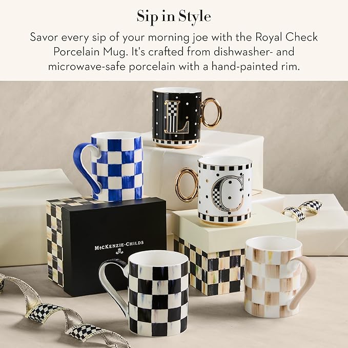 MACKENZIE-CHILDS Porcelain Mug, Tea and Coffee Mug, Blue-and-White Royal Check