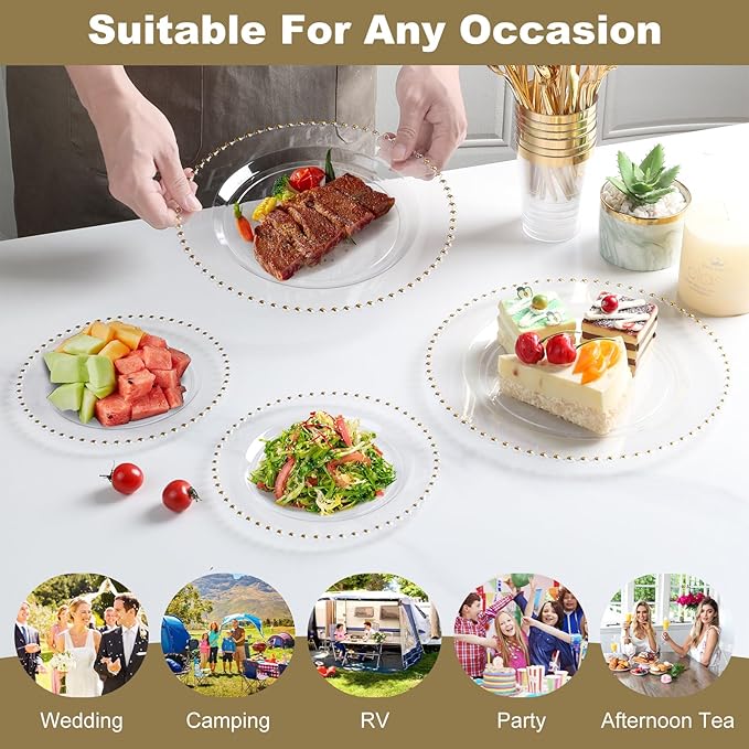 EI 60pcs Clear Plastic Plates with Gold Rim,Disposable Plastic Plates for Party,Fancy Dinner/Dessert Plate Heavy Duty for Wedding,Birthday,Afternoon Tea,Spring,Mother's Day,Valentine's Day,Easter