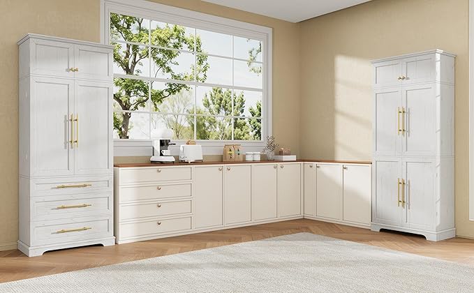 78" Farmhouse Tall Kitchen Pantry Cabinet, Wood Storage Cabinets with Hidden Drawer and 4 Adjustable Shelves, Cupboard with Wine Rack and Door Shelves for Kitchen Dining Room, White