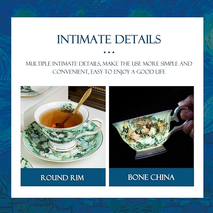 Van Gogh Bone China Set of 6 Cups and Saucers With Rack, Coffee Cup and Saucer Set With Gift Box, 7.4-Ounce Art Coffee Mugs Set - Perfect Birthday/Holiday/Wedding Gift (Blue set for 6)