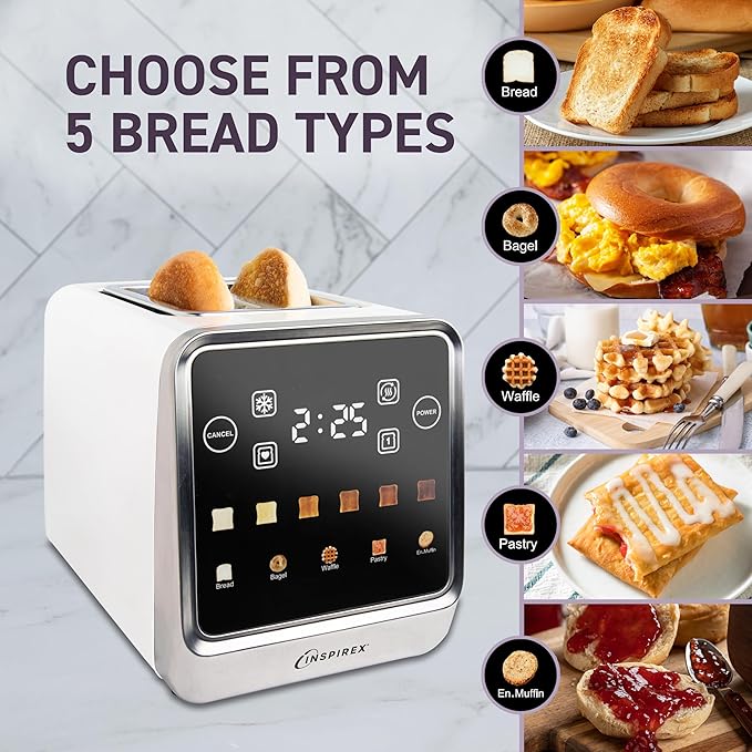 Inspirex Touch Screen Toaster - 2 Extra Wide Slots - 5 Bread Types and 6 Browning Levels - Defrost, Reheat, Favorite, & Single Slot Modes - For Toast, Bagels, & Waffles ??White