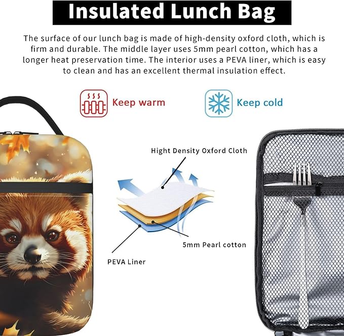 VANZEV Insulated Lunch Box for Women Men, Cute Red Panda Lunch Box Reusable Portable Lunch Bag Cooler Tote Waterproof Lunch Container for Office Picnic Work Travel Hiking