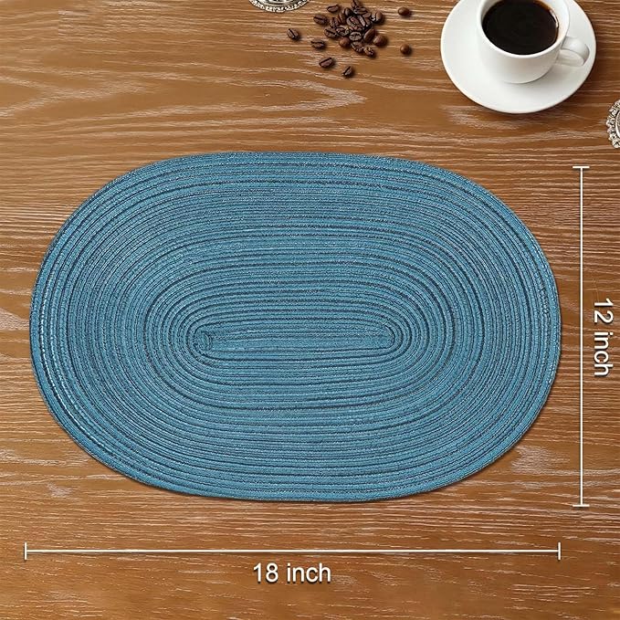 Noctiflorous Oval Braided Placemats Set of 8 Woven 12x18 Inch Non Slip Washable Heat Resistant Place Mats Tablemats for Dining Kitchen Party Daily Table Decor Dinner Mats (Teal Blue, 8)