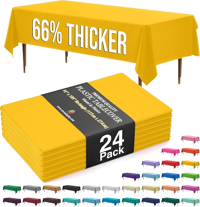 Exquisite 66% Thicker Premium Plastic Table Cloth Rectangle Table Cover 0.5 Mil 24 Pack Yellow Table Cloth 54 Inch x 108 Inch Disposable Tablecloth Won't Tear Easily Like Cheap Thin Brands