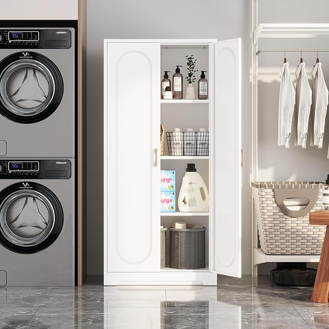 Kitchen Pantry Cabinet,60?쒶etal White Storage Cabinets with Doors and Shelves,Tall Cabinet with 2 Gold Hands for Dinning Room,Living Room