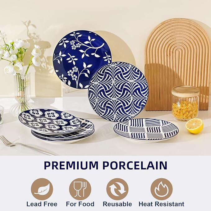 ZONEYILA Porcelain Dinner Plates, 10-Inch Ceramic Plates for Salad, Pancakes, Steak, Large Size Serving Plate for Parties, Restaurant - Dishwasher & Microwave Safe, Set of 6 (Vintage Blue)