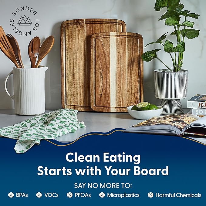 Sonder Los Angeles Doheny Wood Cutting Board Set | Acacia Edge Grain Cutting Board for Kitchen with Juice Groove | Perfect for Compact Daily Use | Gift Box Included | 14x10x1 in & 12x8x1 in